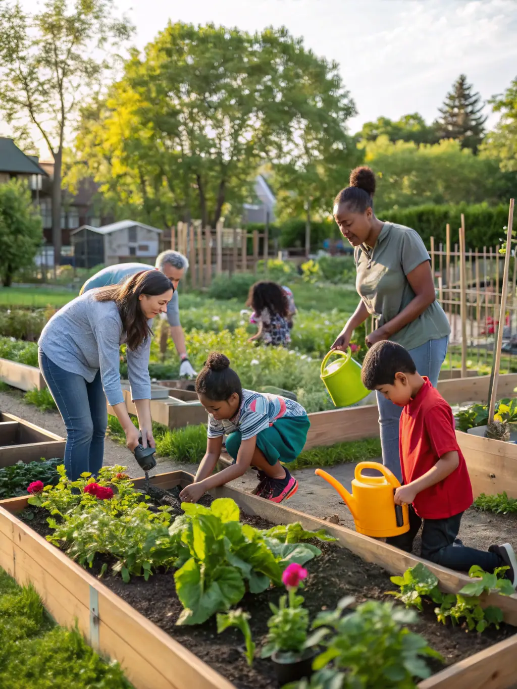 A group of teenagers volunteering at a local community garden, planting vegetables and flowers, demonstrating CJSC's commitment to environmental stewardship.