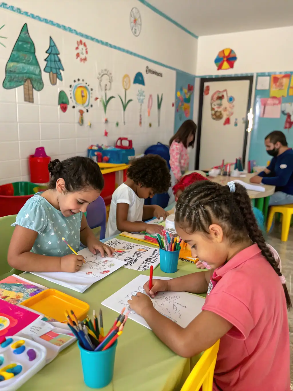 A photograph of a group of children participating in an arts and crafts workshop organized by CJSC, with smiles and colorful creations.
